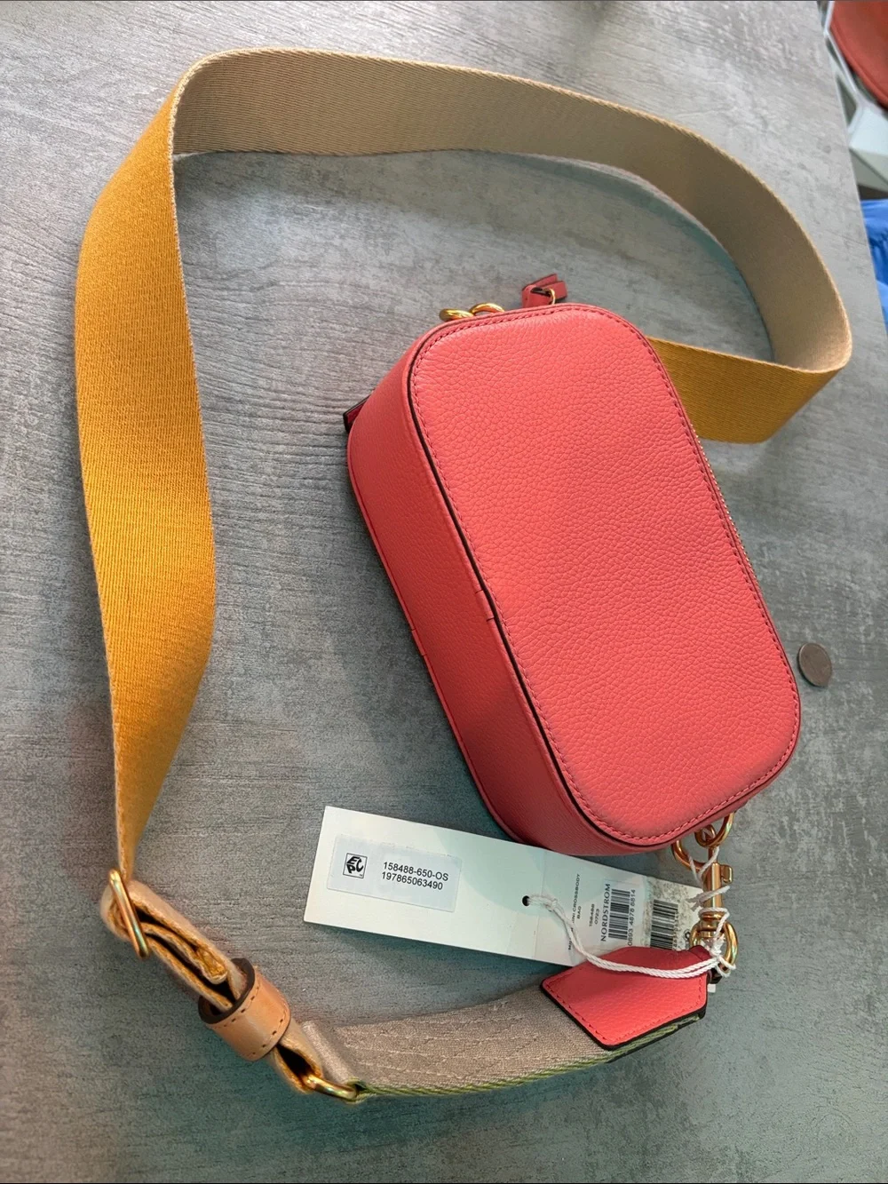 Tory Burch Coral Pebbled Leather Miller Mini Crossbody bag purse w/ Yellow Strap